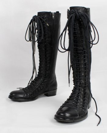 vintage Ann Demeulemeester black tall boots with triple laces and low wooden heel fall 2008