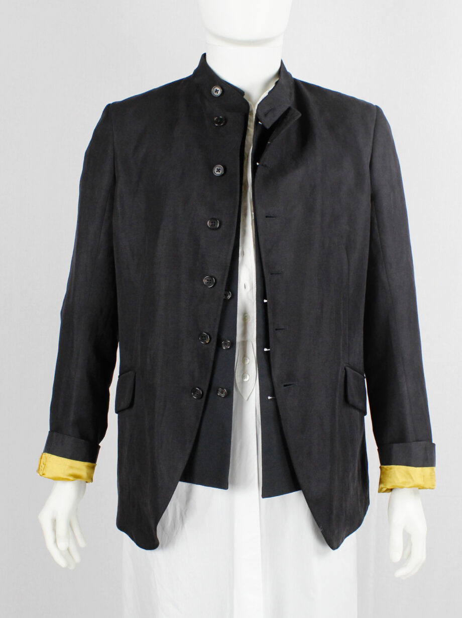 vintage Ann Demeulemeester dark grey five-button blazer and yellow lining spring 2016 (3)