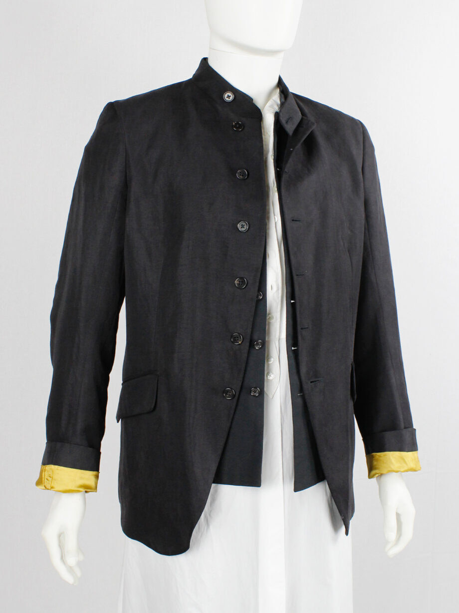 vintage Ann Demeulemeester dark grey five-button blazer and yellow lining spring 2016 (5)