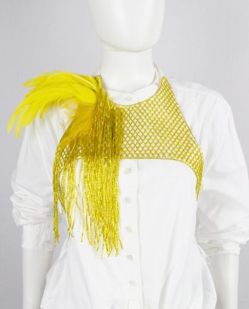 vintage Dries Van Noten yellow beaded harness with feathers and beaded fringe