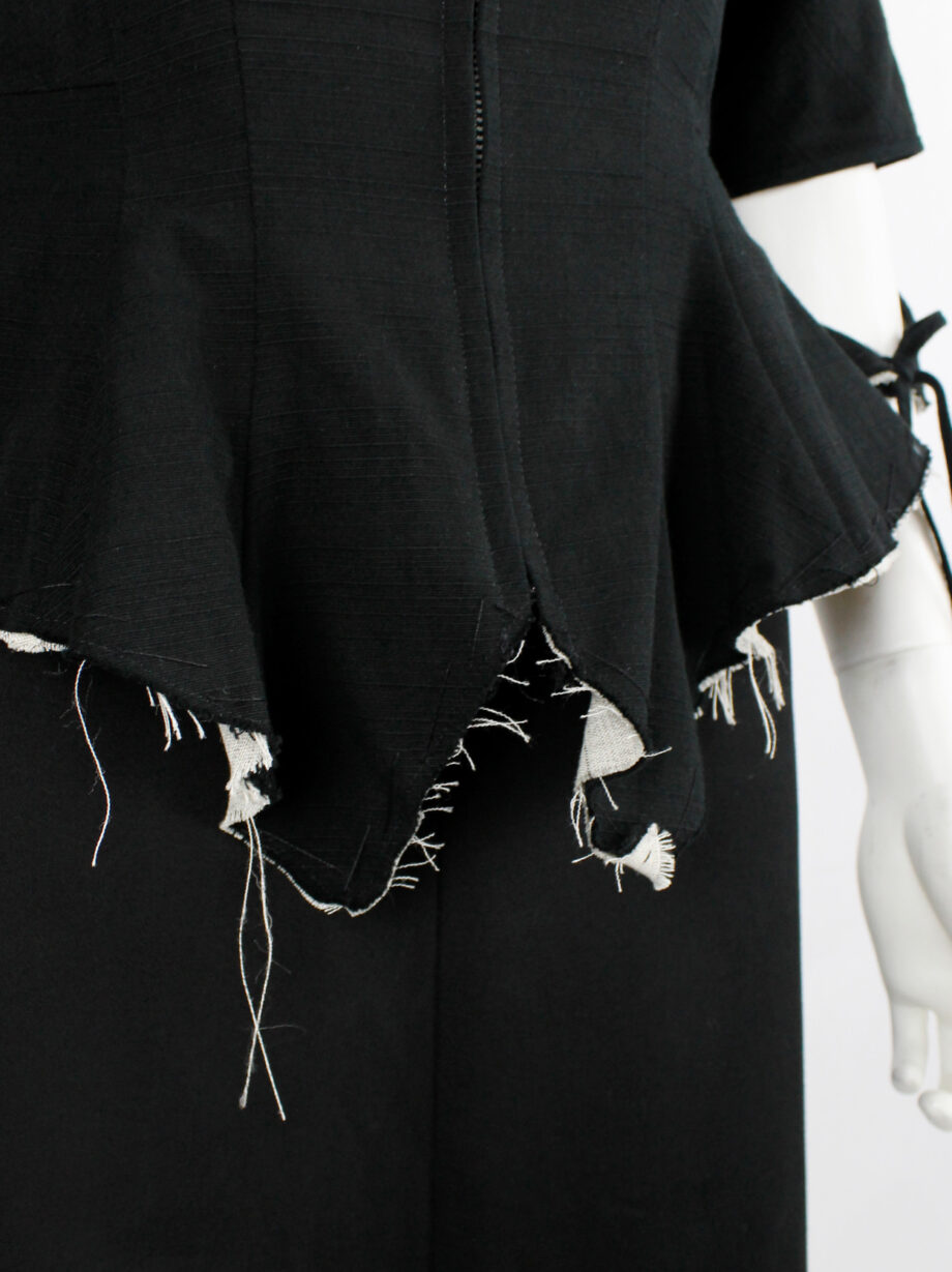 Yohji Yamamoto black peplum jacket with white frayed trims and cut out sleeves spring 2000 (22)