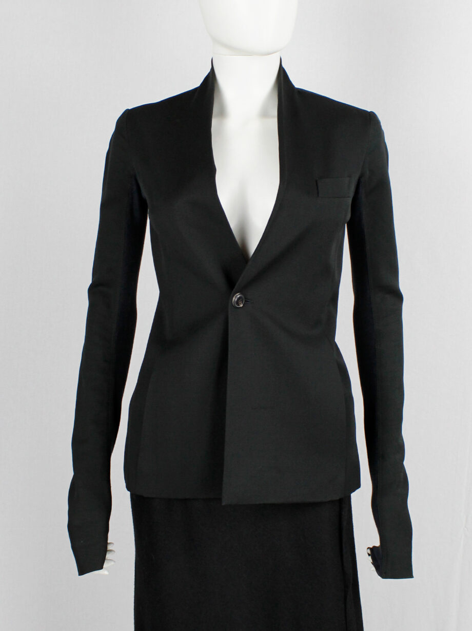 vintage Rick Owens black one button blazer with minimalist neckline and extra long sleeves (11)
