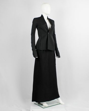 vintage Rick Owens black one button blazer with minimalist neckline and extra long sleeves