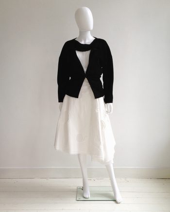 Comme des Garçons black deconstructed blazer - runway 1990 | Dirk Schönberger white paper skirt with cutout circles | Ann Demeulemeester white top with stitching detail | shop at vaniitas.com