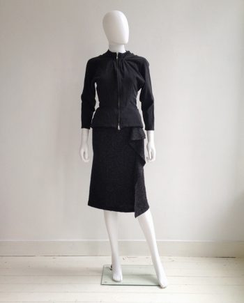 Yohji Yamamoto black silk jacket | Yohji Yamamoto grey asymmetric draped skirt | Y's Yohji Yamamoto black knit racerback top |shop at vaniitas.com