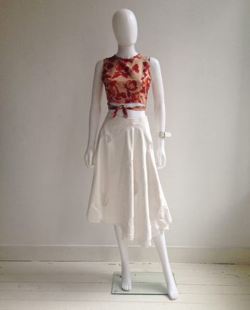 Dries Van Noten red floral wrap top — fall 1994 | Dirk Schonberger white skirt | Lieve Van Gorp white leather bracelet | shop at vaniitas.com