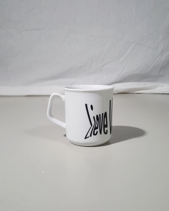 Lieve Van Gorp white coffee mug with distorted logo