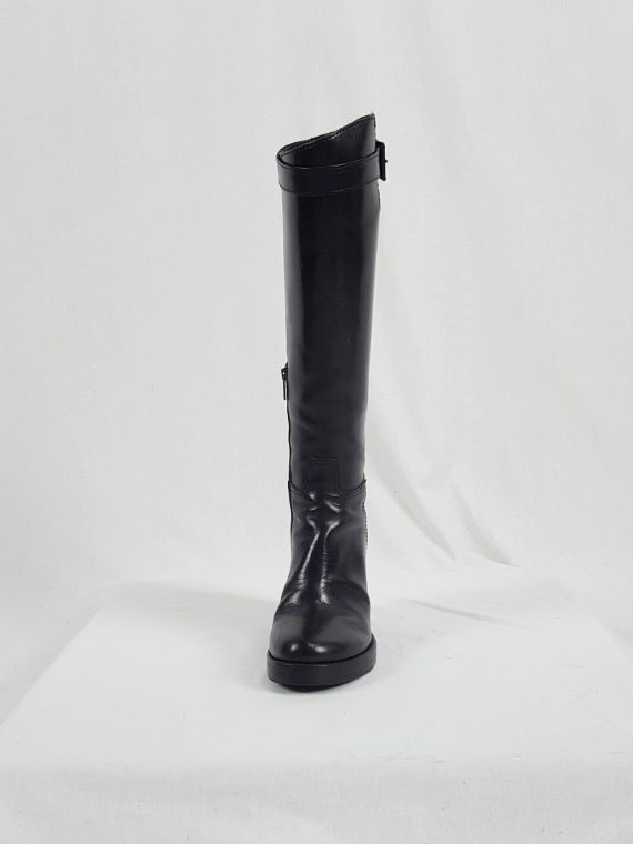 vaniitas vintage Ann Demeulemeester tall black wedge boots with belt strap detail 153948(0)