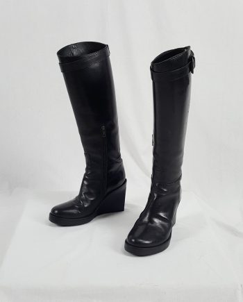 Ann Demeulemeester tall black wedge boots with belt strap detail (38)
