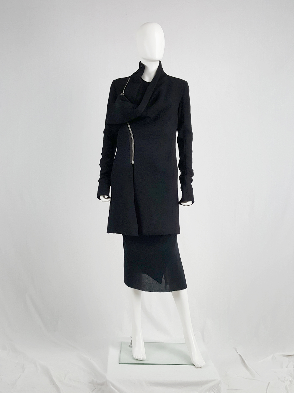 Rick Owens CRUST black coat with asymmetric zipper and cowl neck — fall ...
