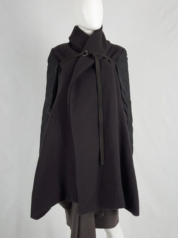 vaniitas vintage Rick Owens dark green shawl coat with belt strap and leather sleeves 172534