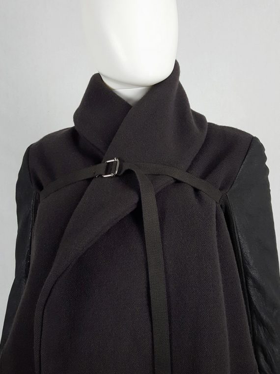 vaniitas vintage Rick Owens dark green shawl coat with belt strap and leather sleeves 172611