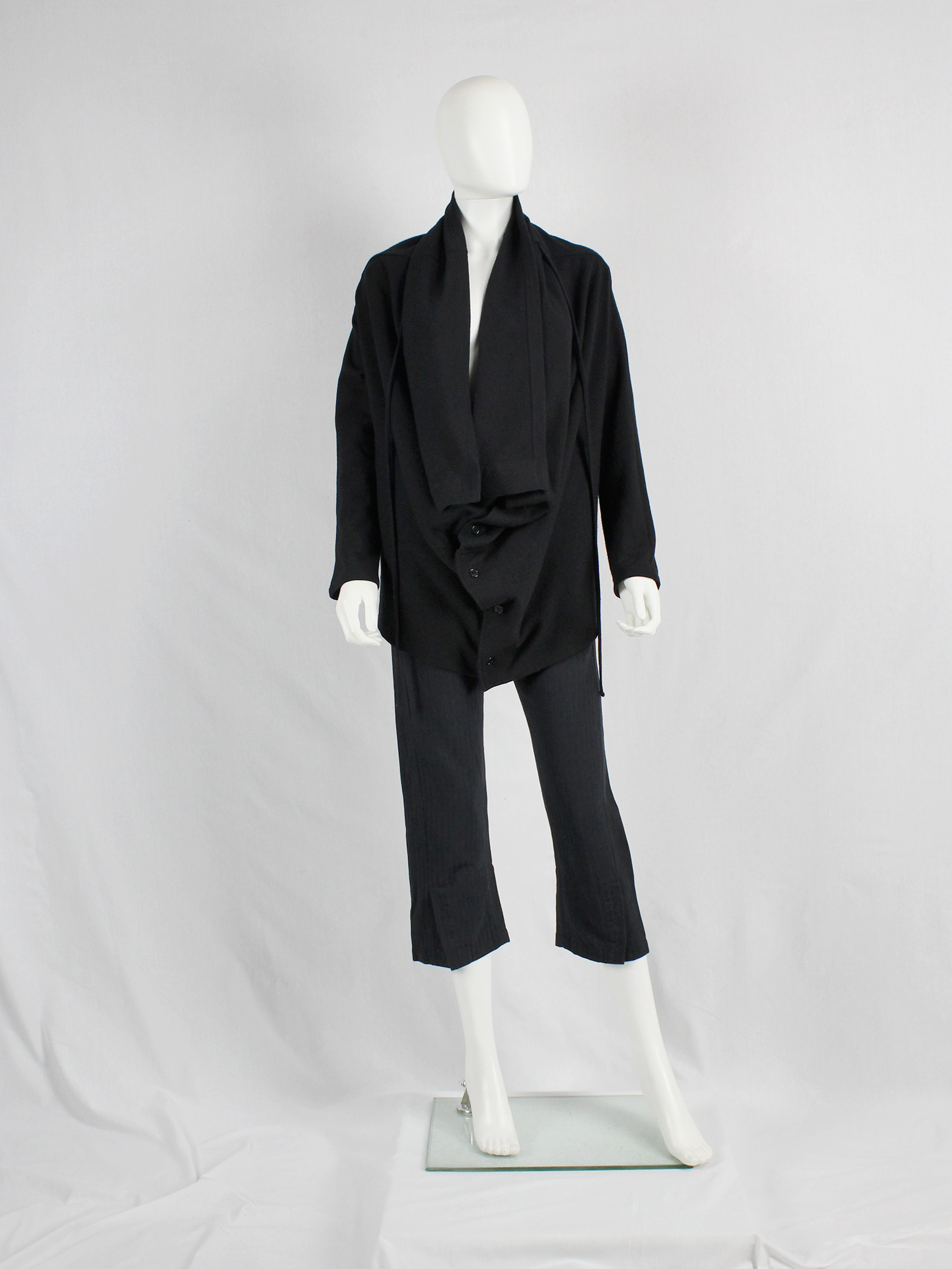 Ann Demeulemeester black draped button-up jumper with oversized cowl ...