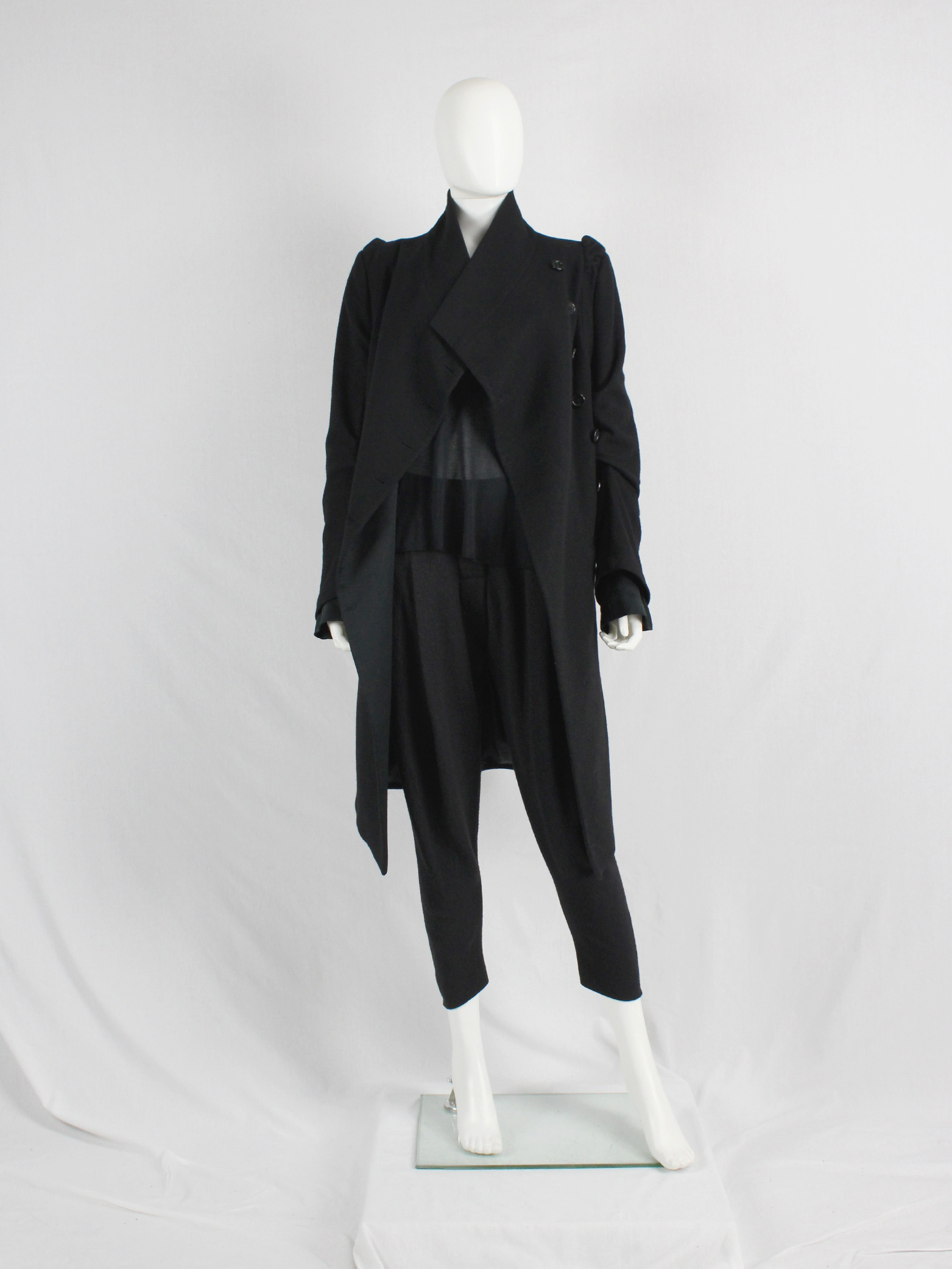 Ann Demeulemeester black long coat with asymmetric button closure - V A ...