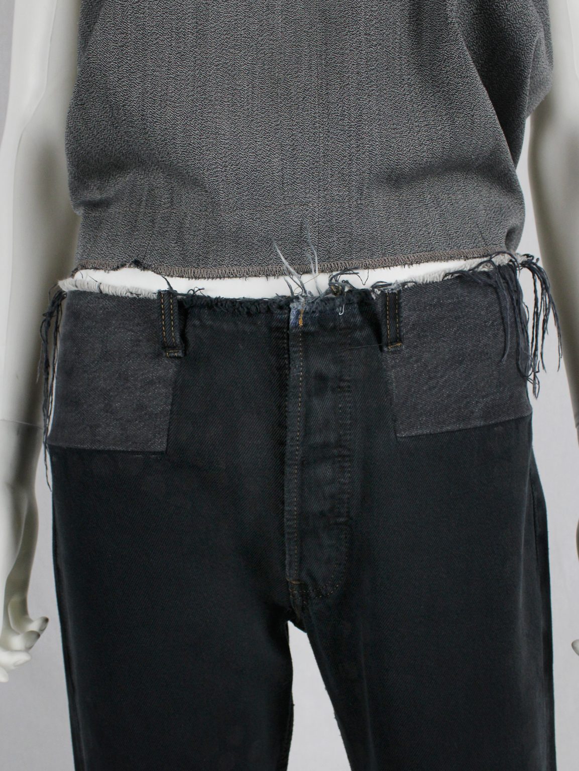 Maison Martin Margiela artisanal denim trousers with cut-off waist and circle print — fall 1998