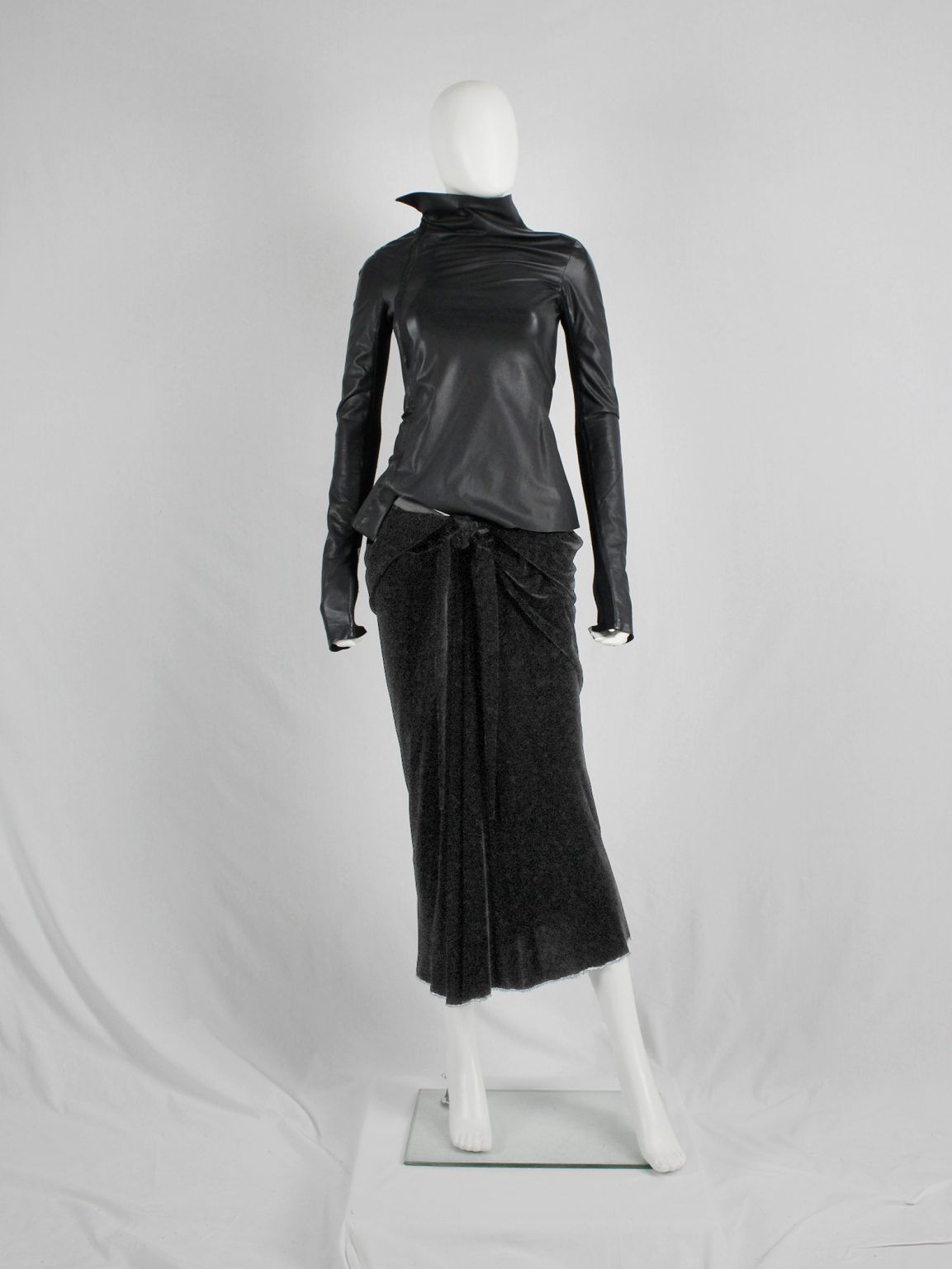 Rick Owens MOOG black draped velvet skirt with front tie — fall 2005