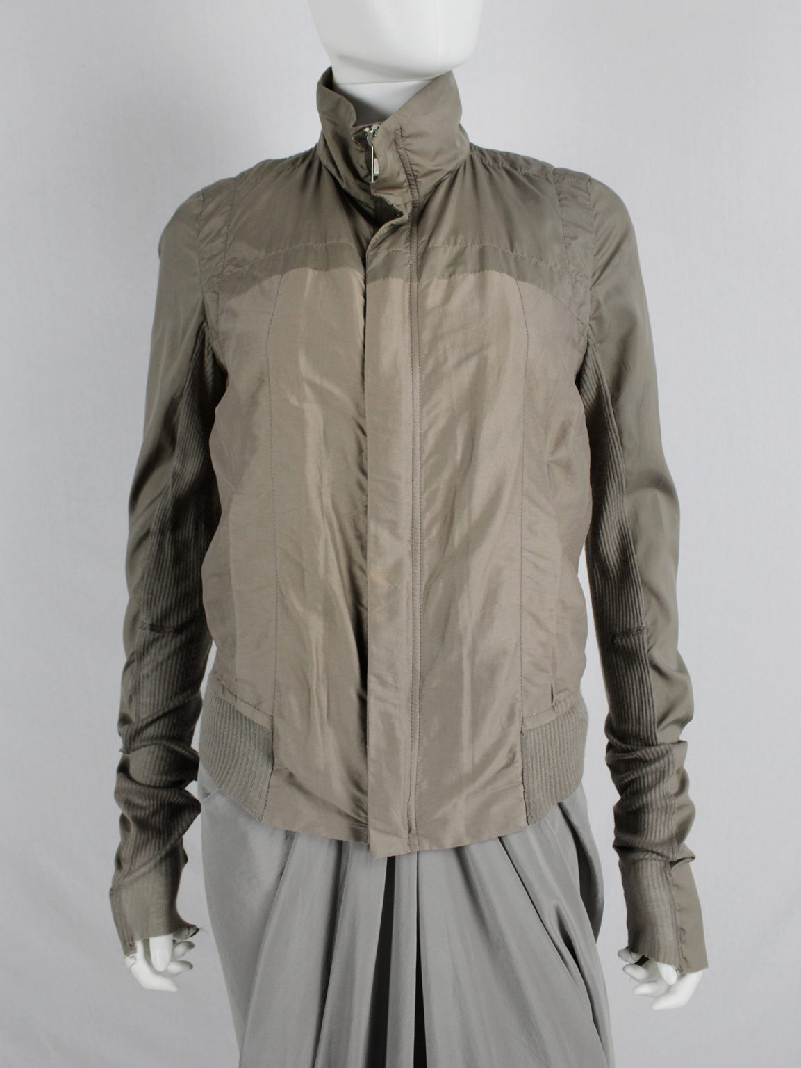 Rick Owens beige bomber jacket with moss green pleated back panel
