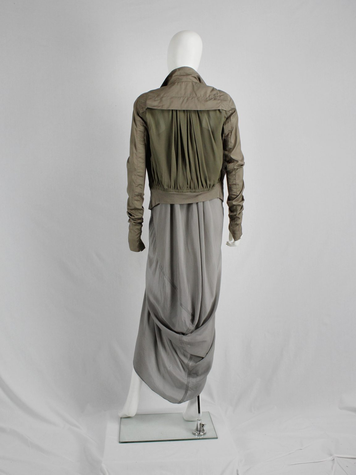 Rick Owens beige bomber jacket with moss green pleated back panel