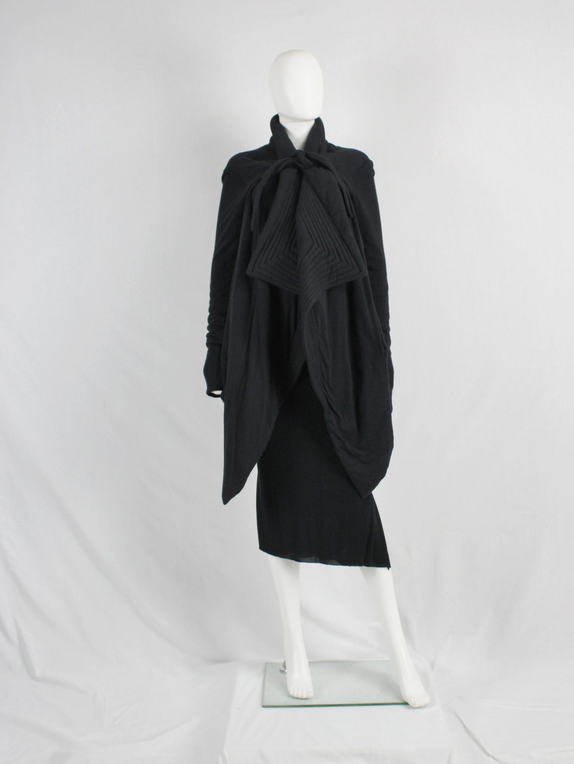 Rick Owens lilies black draped coat with tie front and triangular stitched panels
