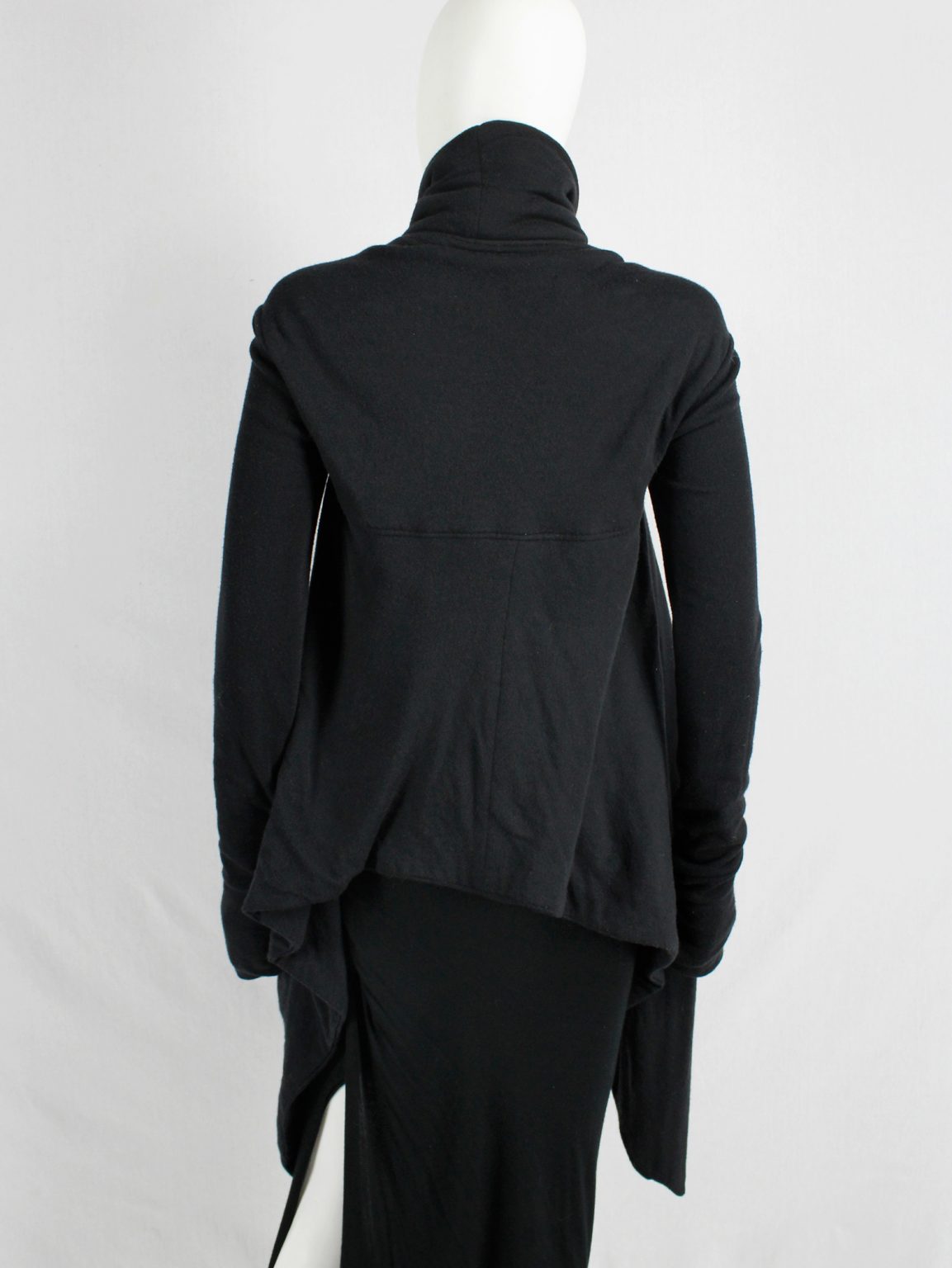 Rick Owens lilies black draped coat with tie front and triangular stitched panels