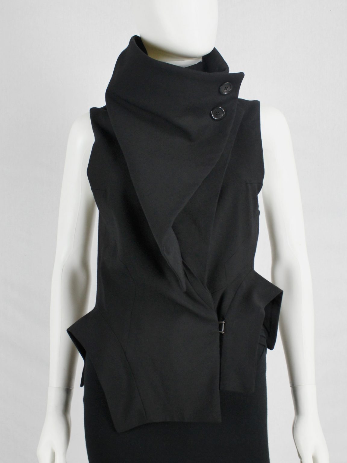 Ann Demeulemeester black draped vest with standing collar and zipper panels — fall 2012