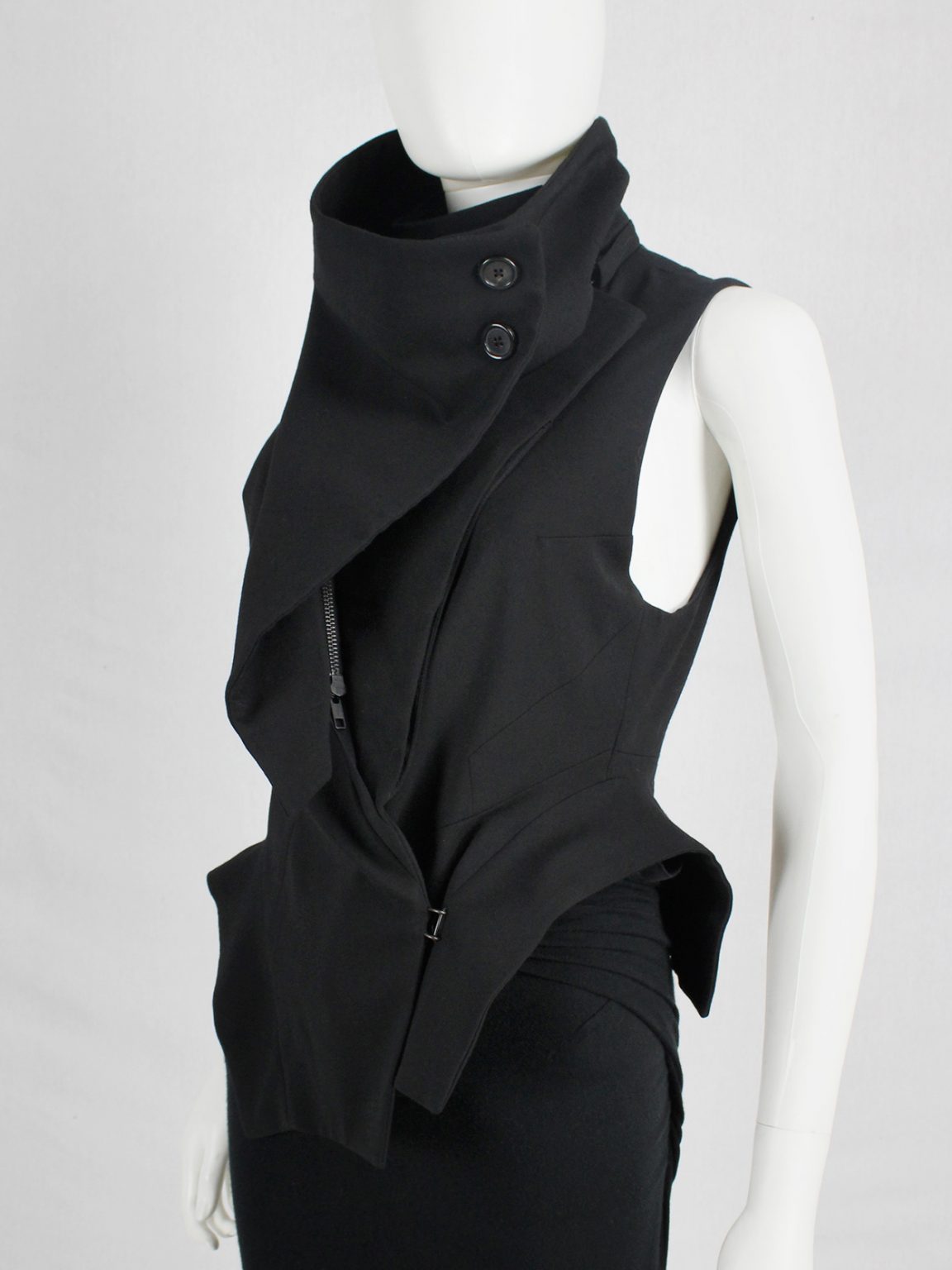 Ann Demeulemeester black draped vest with standing collar and zipper panels — fall 2012