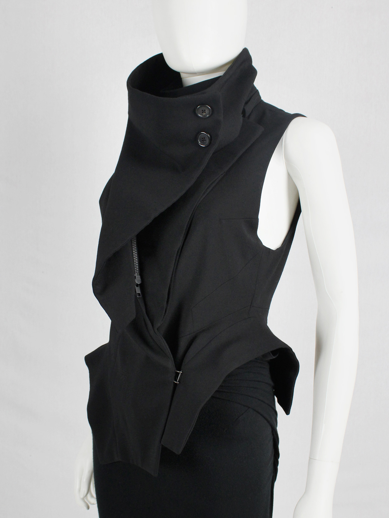 Ann Demeulemeester black draped vest with standing collar and zipper ...