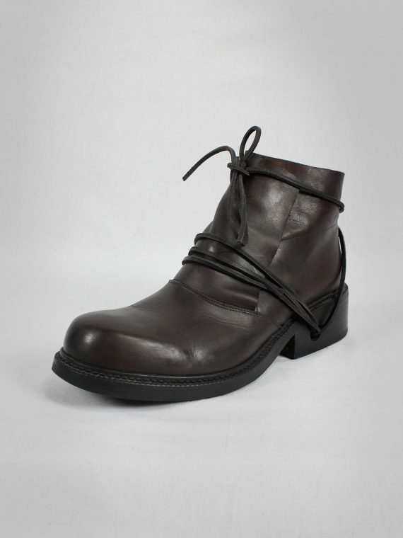 vaniitas vintage Dirk Bikkembergs brown boots with flap and laces through the soles 1990S 90S 7575