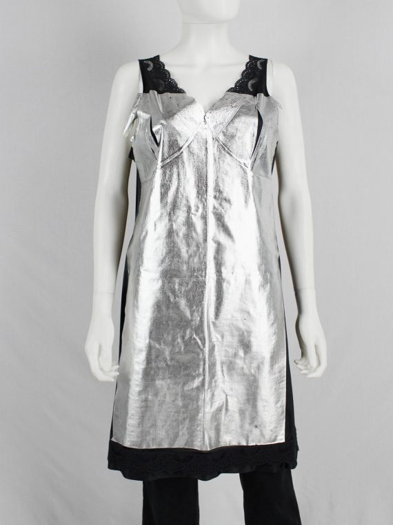 vaniitas vintage Maison Martin Margiela artisanal black lace dress with pressed silver foil spring 2003 6183