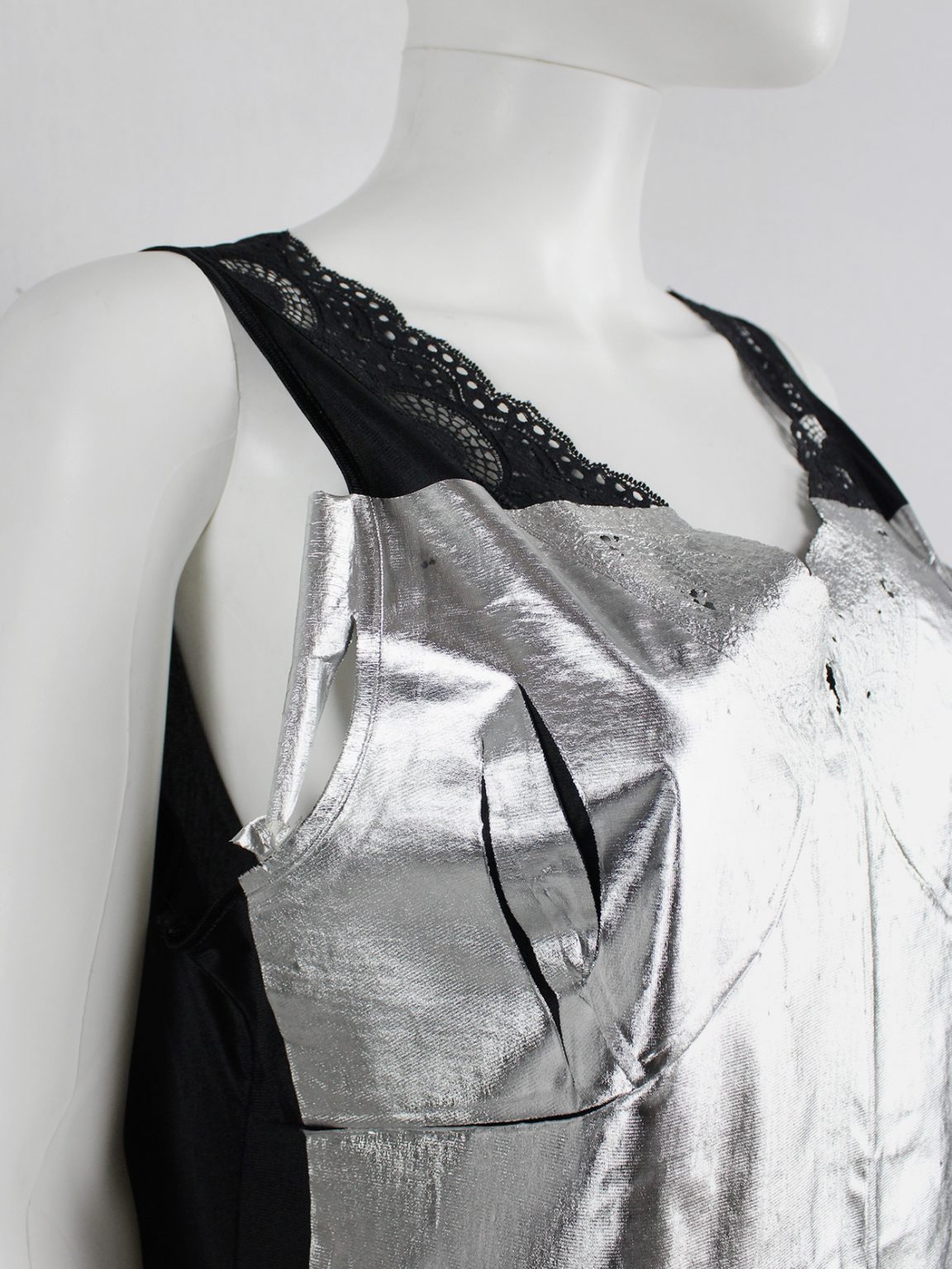 Maison Martin Margiela artisanal black lace dress with pressed silver foil — spring 2003