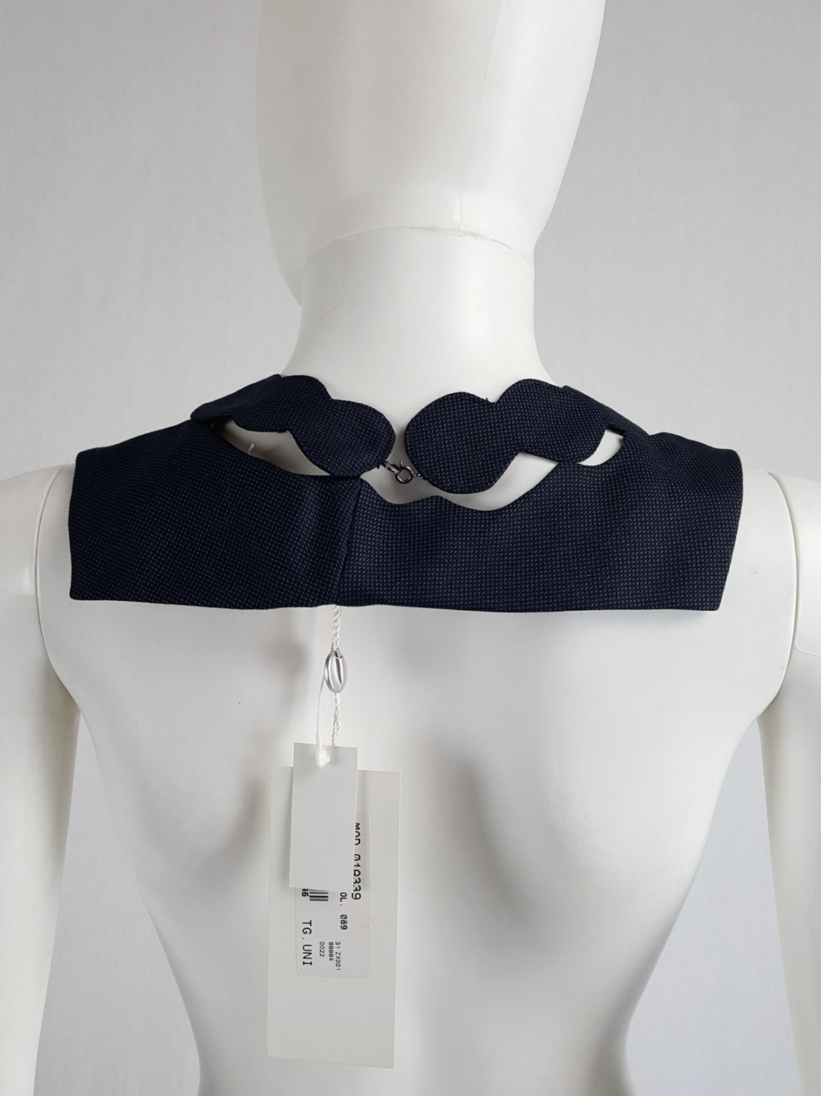 Maison Martin Margiela dark blue fabric square with cut out pearl necklace — fall 2005