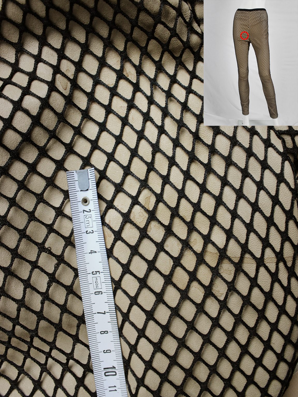 Maison Martin Margiela nude leather trousers with black fishnet overlayer — fall 2011