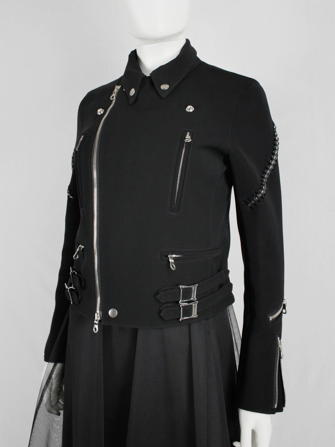 Noir Kei Ninomiya black bicker jacket with pearls around the sleeves — spring 2015