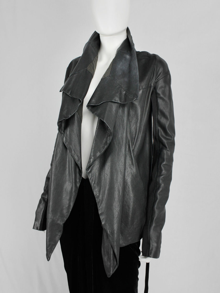 vaniitas Rick Owens black leather jacket with overlap front and cross-body strap 6187