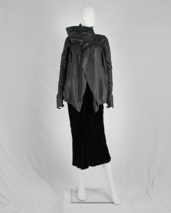 Rick Owens black leather jacket with overlap front and cross-body strap