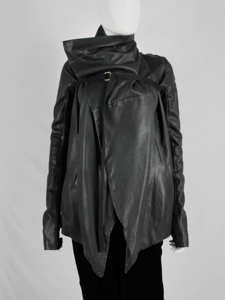 Rick Owens black leather jacket with overlap front and cross-body strap