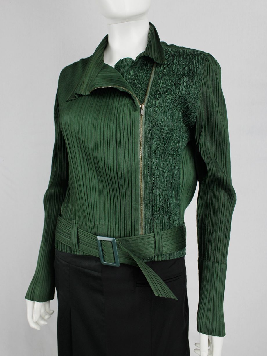 vaniitas vintage Issey Miyake Pleats Please green biker jacket with filigree panel 2094