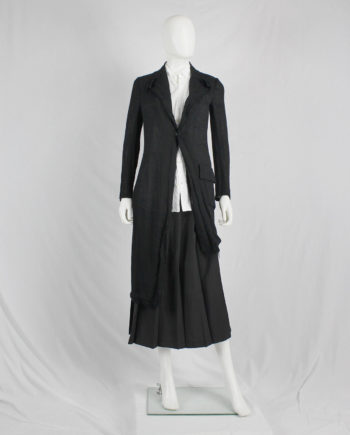 Yohji Yamamoto long black asymmetric blazer with frayed finish