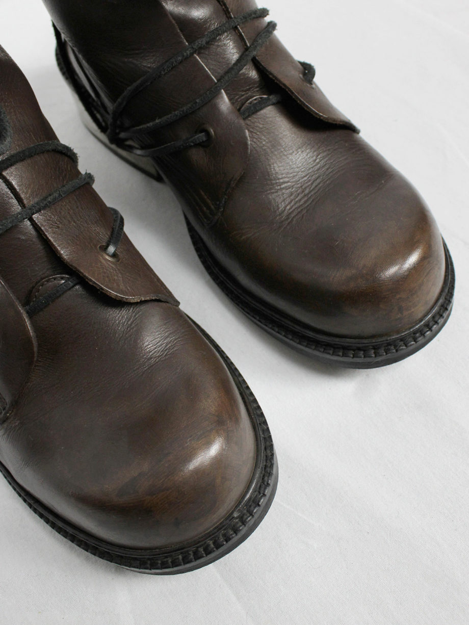 vaniitas vintage Dirk Bikkembergs brown tall boots with laces through the metal heel mid 1990S 90s 7694