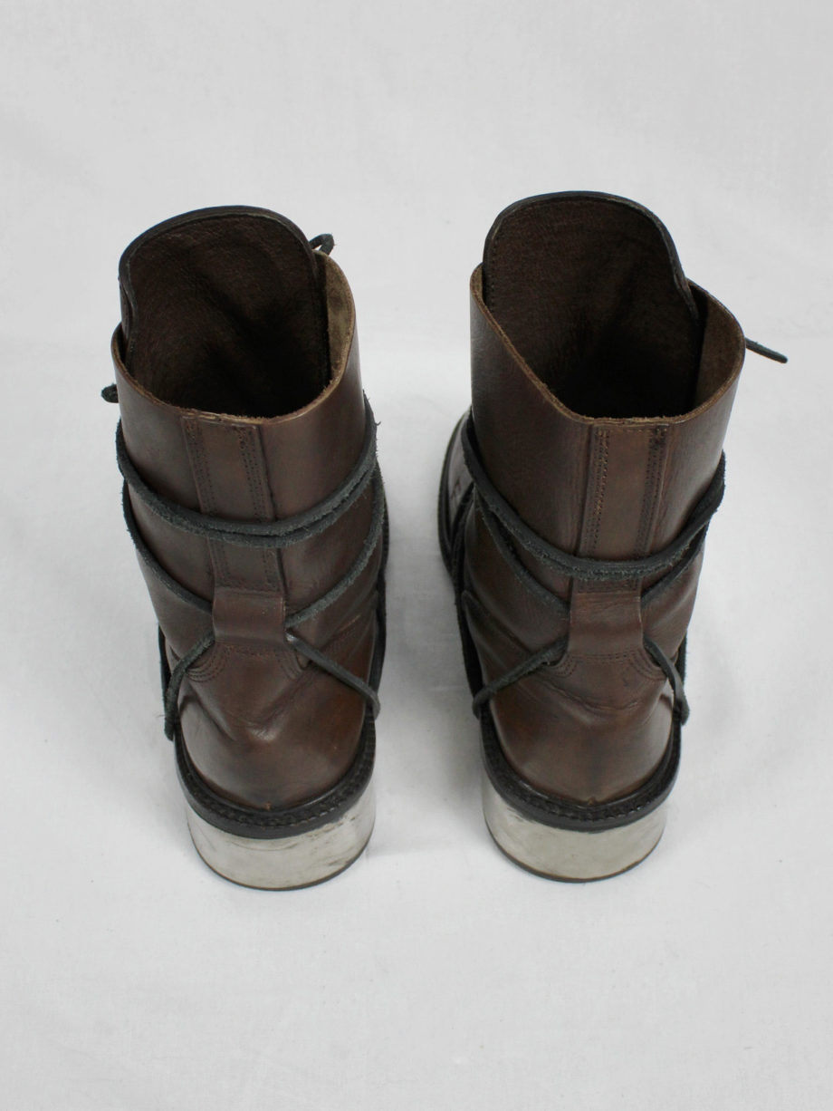 vaniitas vintage Dirk Bikkembergs brown tall boots with laces through the metal heel mid 1990S 90s 7699