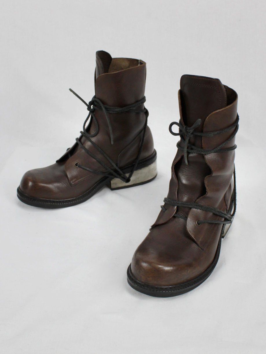 vaniitas vintage Dirk Bikkembergs brown tall boots with laces through the metal heel mid 1990S 90s 7953