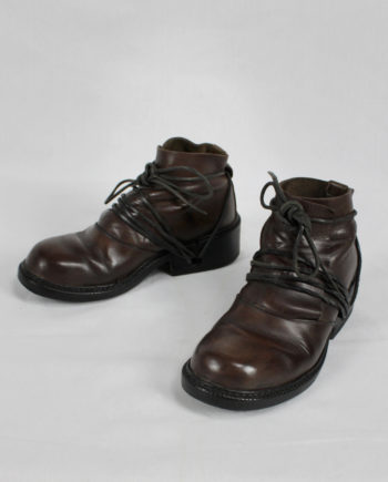 Dirk Bikkembergs brown boots with flap and laces through the soles (39) — fall 1994