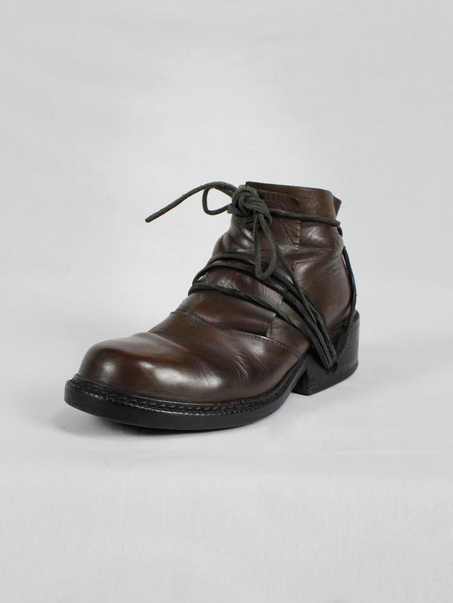 Dirk Bikkembergs brown boots with flap and laces through the soles (43) — fall 1994