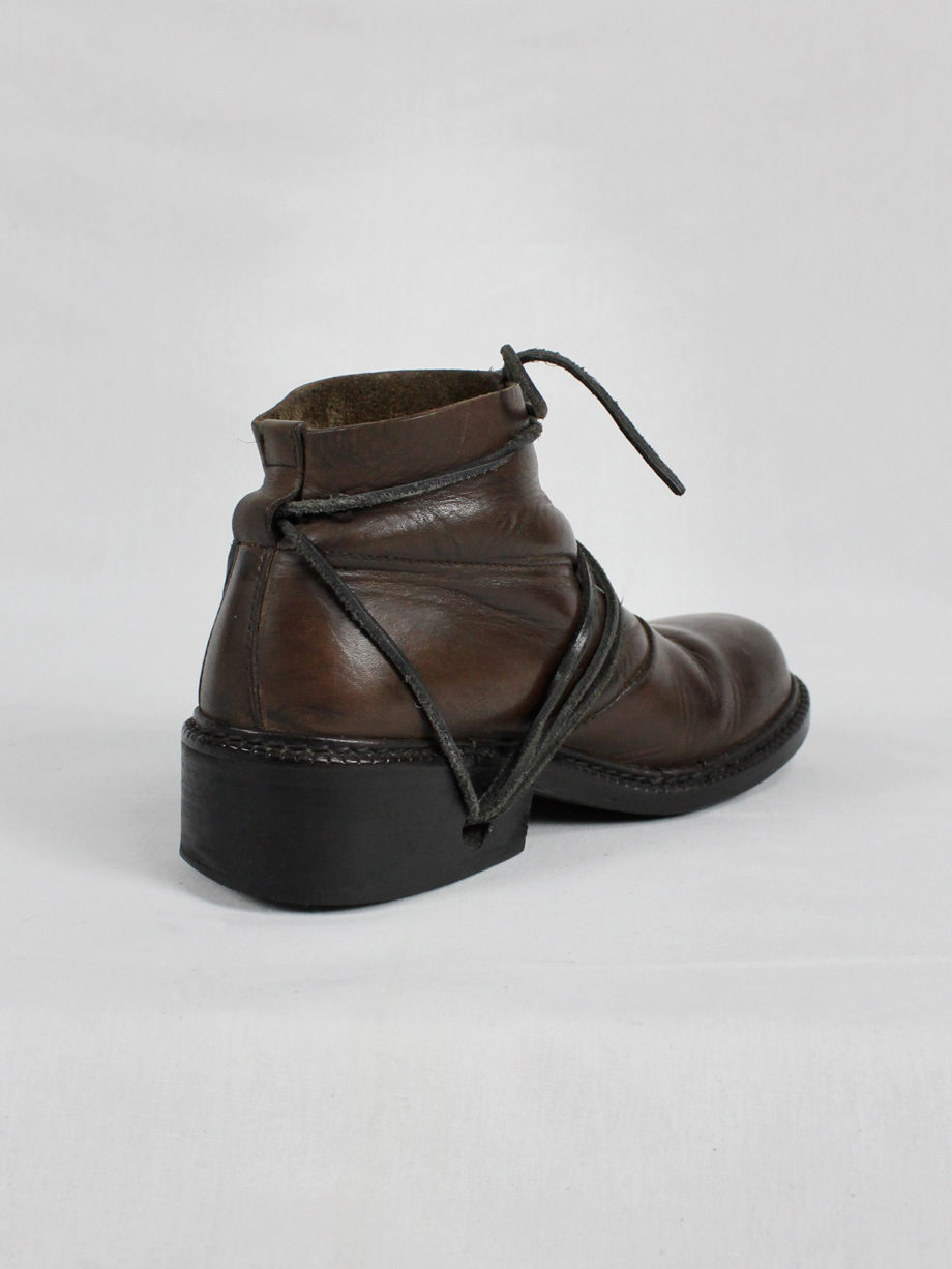 Dirk Bikkembergs brown boots with flap and laces through the soles (47) — fall 1994