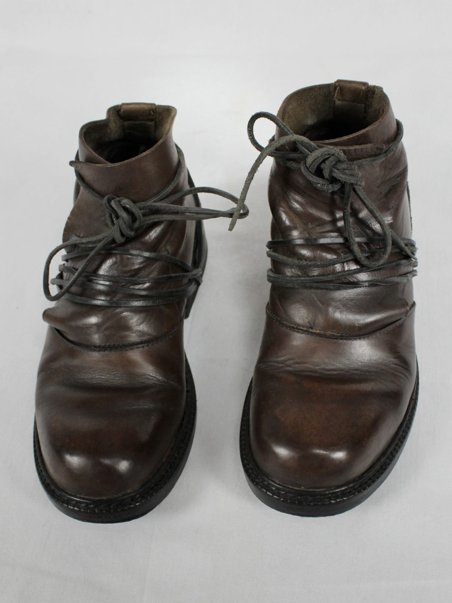 Dirk Bikkembergs brown boots with flap and laces through the soles (56) — fall 1994
