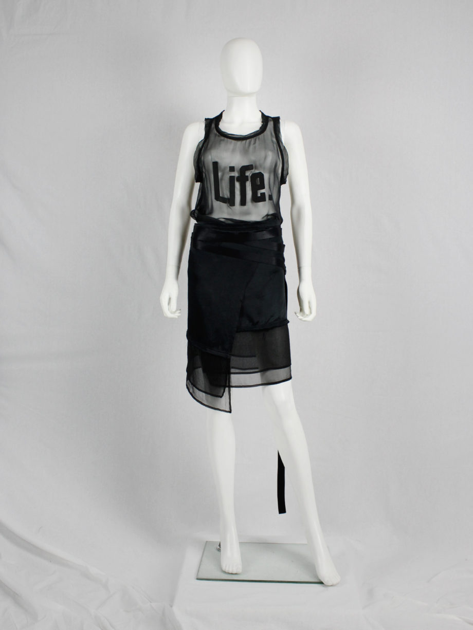 vaniitas vintage Ann Demeulemeester black sheer top with leather ‘life’ appliqué runway spring 2003 (4)