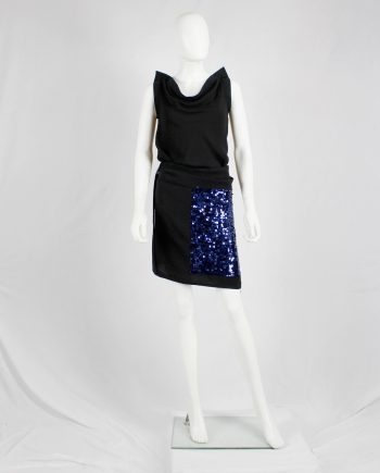 Ann Demeulemeester black wrap skirt with blue sequinned panel — 90's