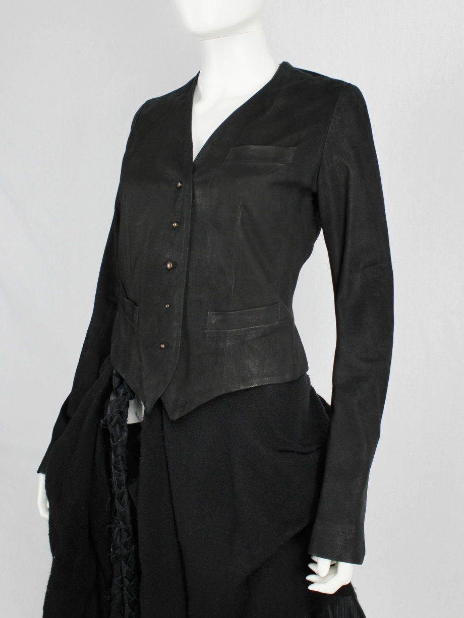 Isaac Sellam black leather jacket with open back and belt strap