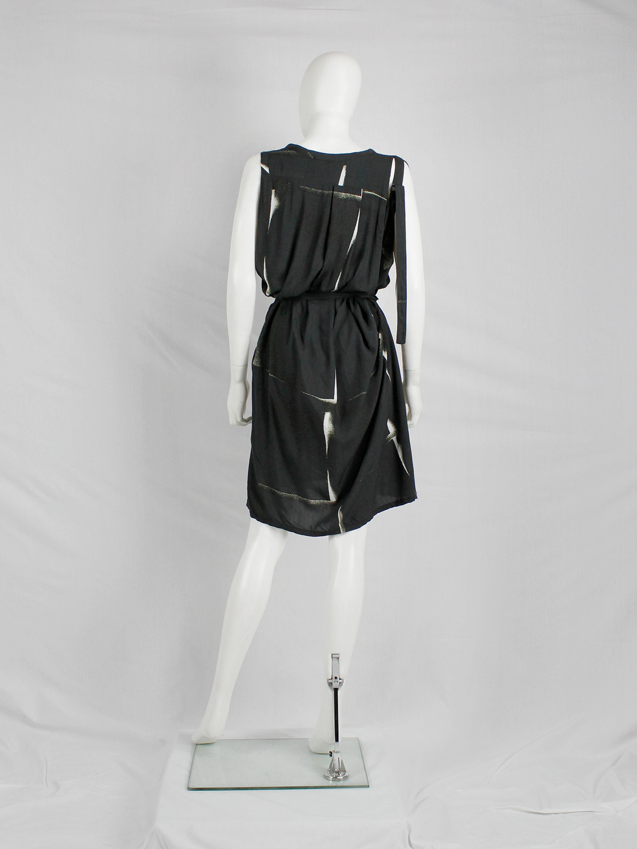 Ann Demeulemeester black dress with beige spraypaint print and straps ...