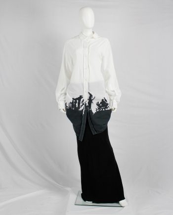 Ann Demeulemeester white draped asymmetric shirt with straps and forest print — fall 2007